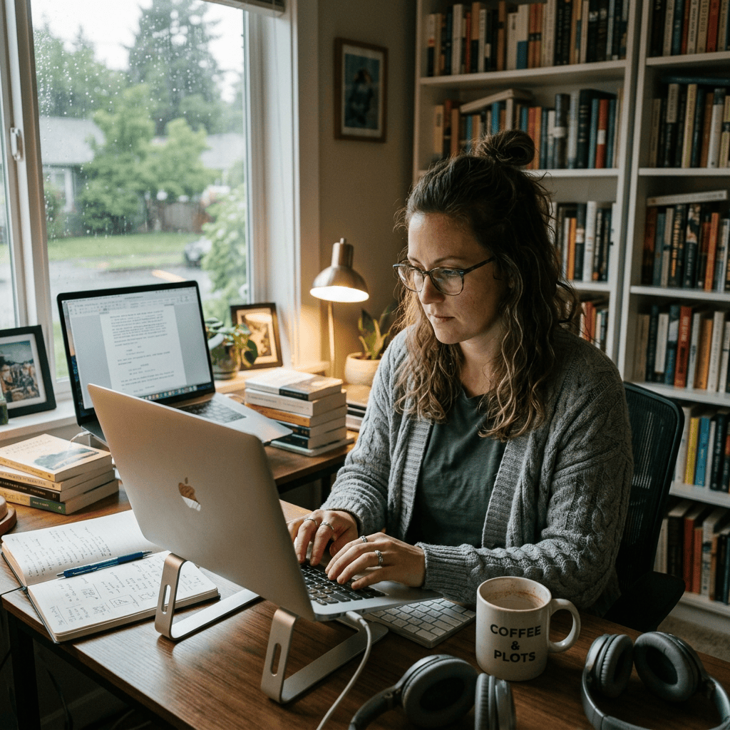 Woman working on a laptop at a home office desk surrounded by books