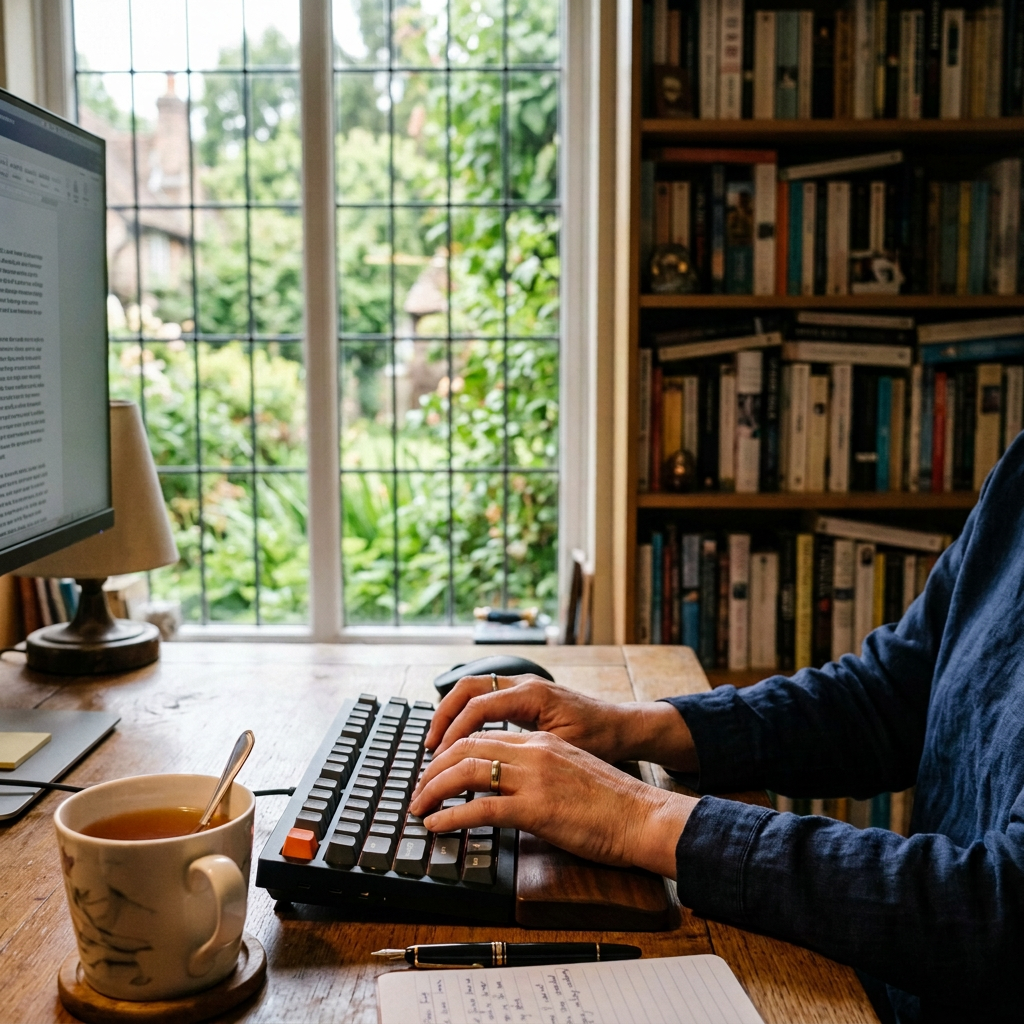 Woman’s hands and arms typing at desk