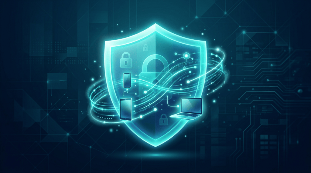 Glowing shield protecting connected smartphones, tablet, and laptop devices